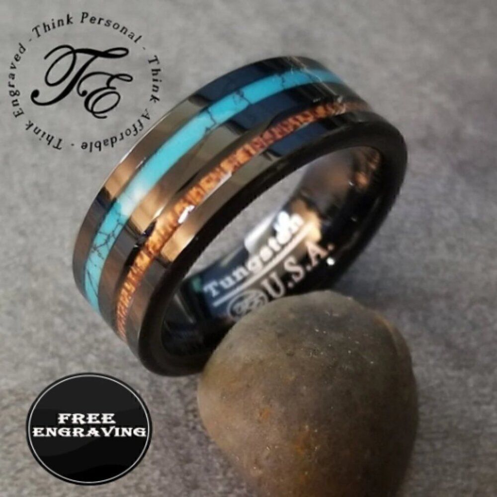 Engraved Men's Real Black Tungsten Wedding Ring - Turquoise and Koa Wood Inlays